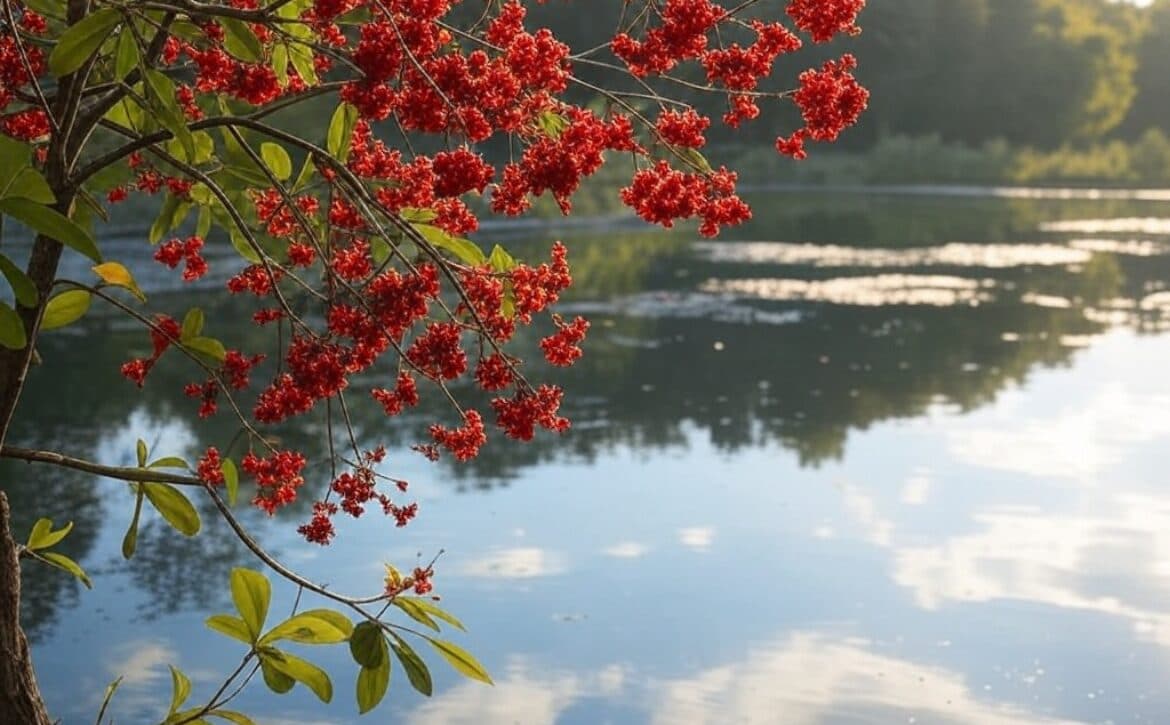 Galhos de aroeira-vermelha sobre água ácida usados como imagem de capa do estudo com compostos fenólicos