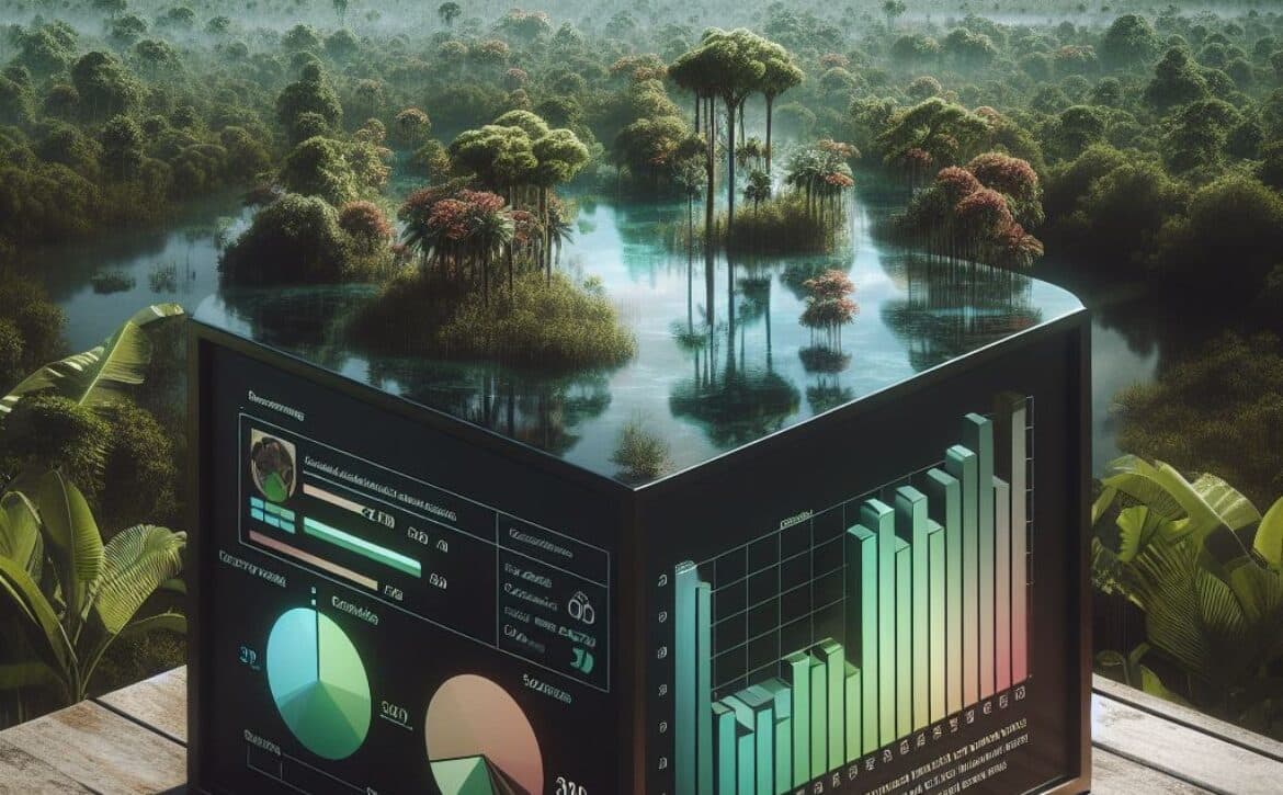 Paisagem alagada com painéis de monitoramento representando valoração ambiental, justiça ecológica e ecoeficiência