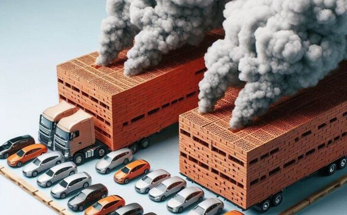 Imagem editorial sobre produção cerâmica, queima de tijolos e emissões de CO2 em Campos dos Goytacazes