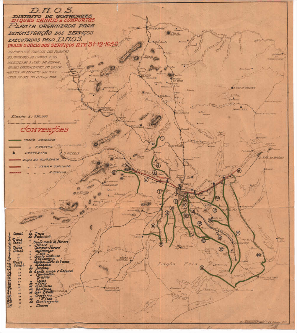 Mapa histórico da Terra Goitacá com leitura geognóstica da planície costeira