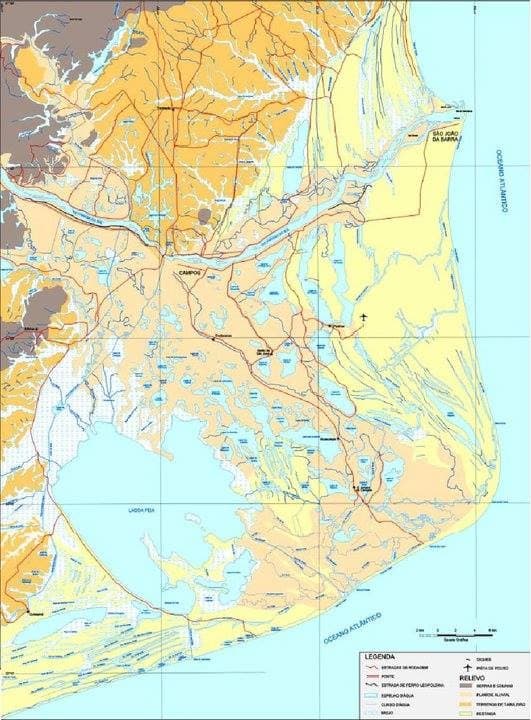 Mapa das lagoas e da planície aluvial de Campos