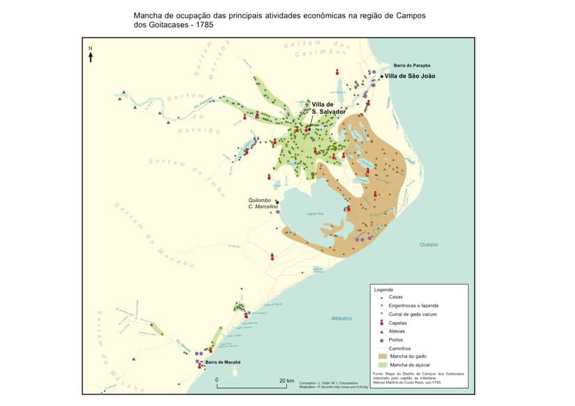 Mapa histórico das atividades econômicas na região de Campos