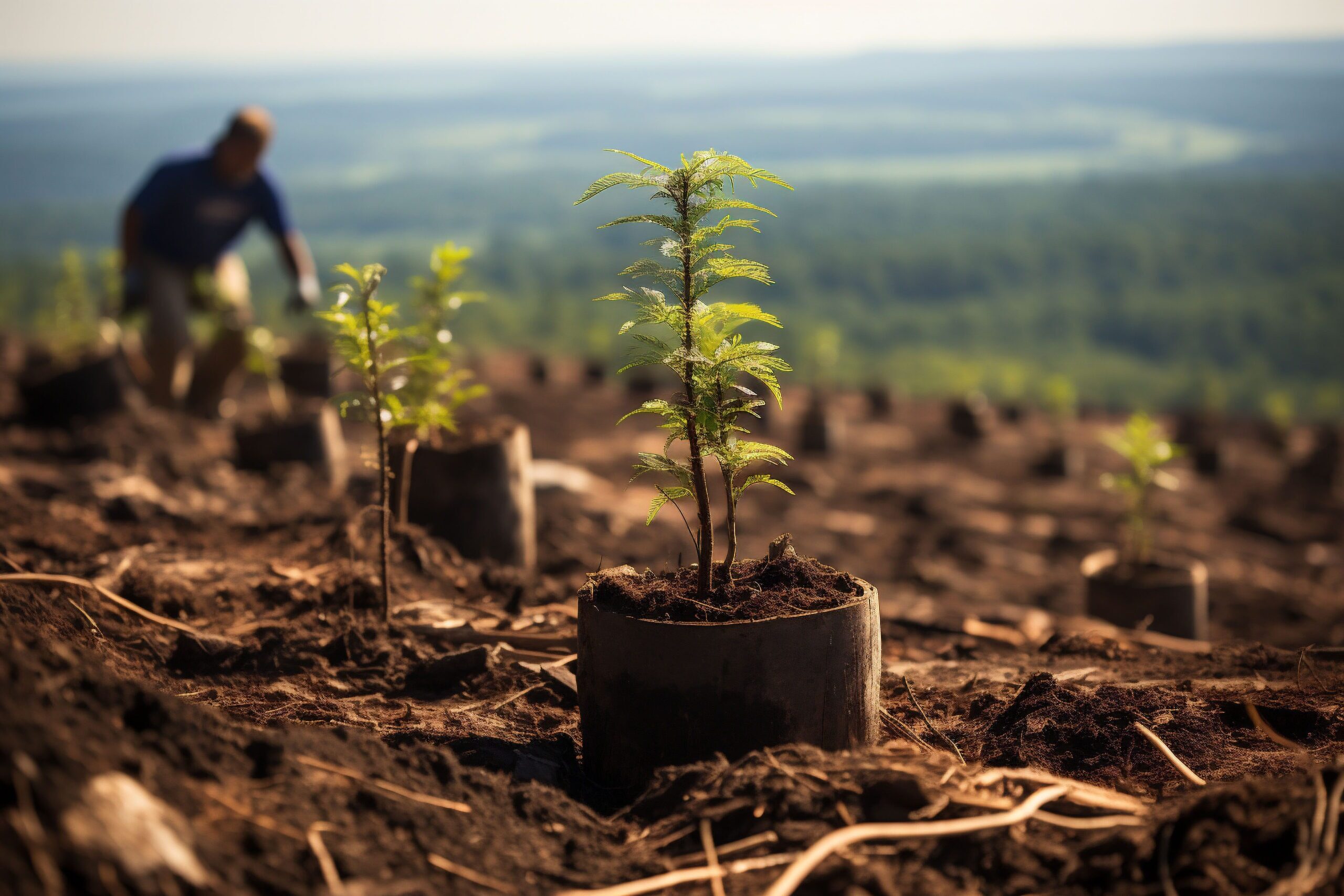 A tree plantation. Furrows with evenly spaced seedlings in black pots. Blurred worker and a valley in the background. Copy space.